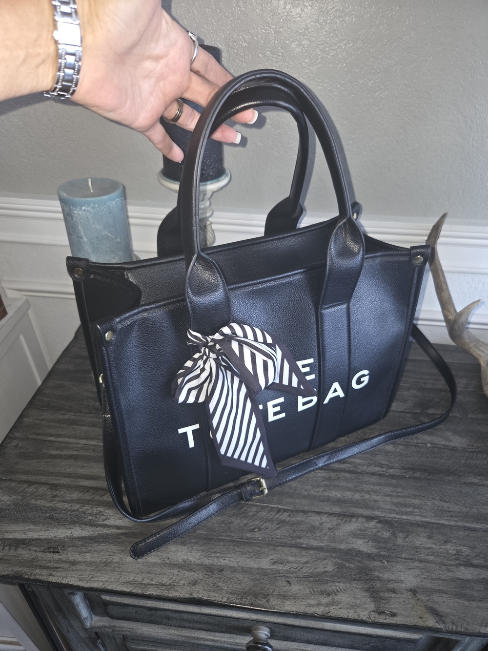 Black Faux-Leather Womens Tote Bag - Picture 13 of 13